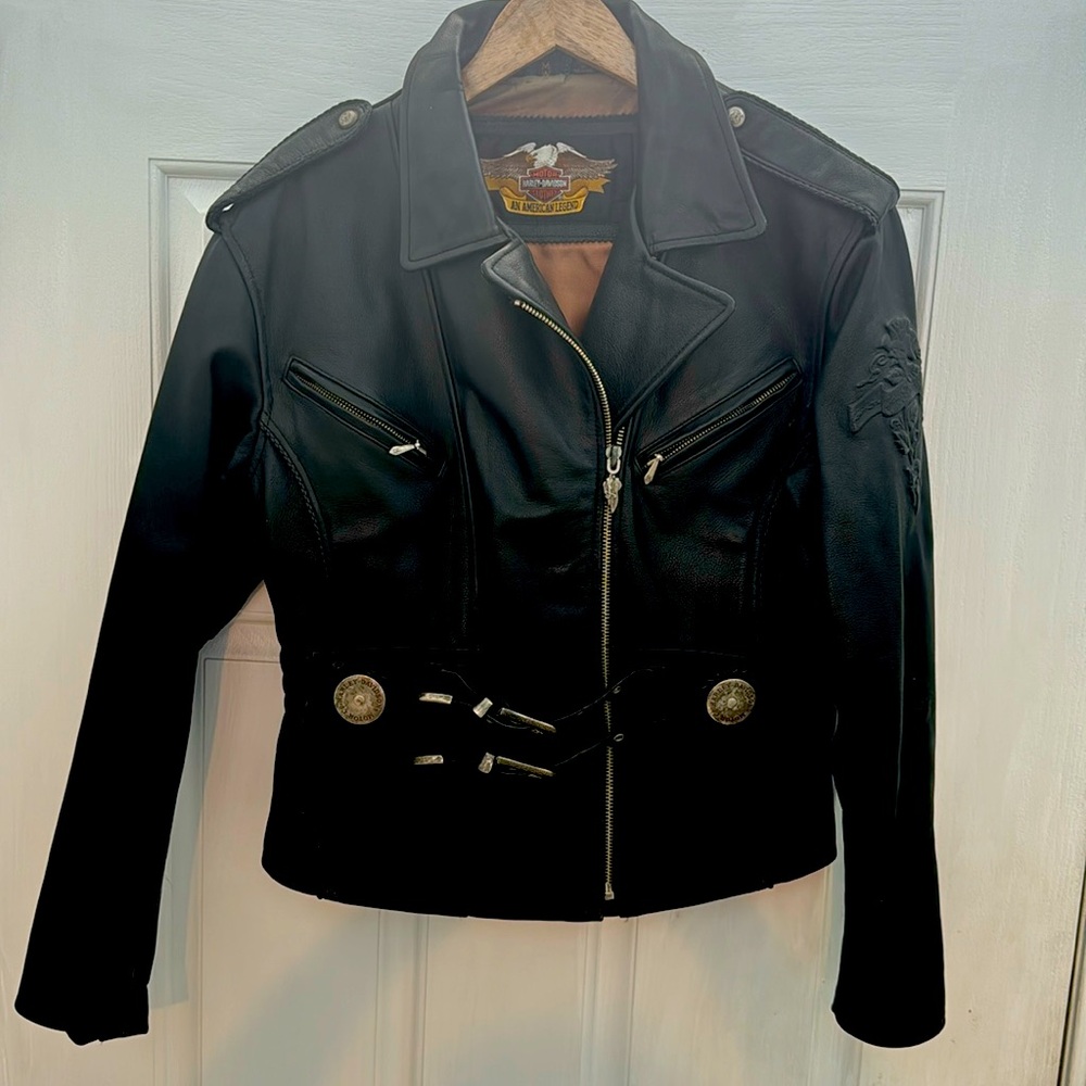 Vintage woman’s Medium Harley Davidson Leather riding jacket zippers and buckles